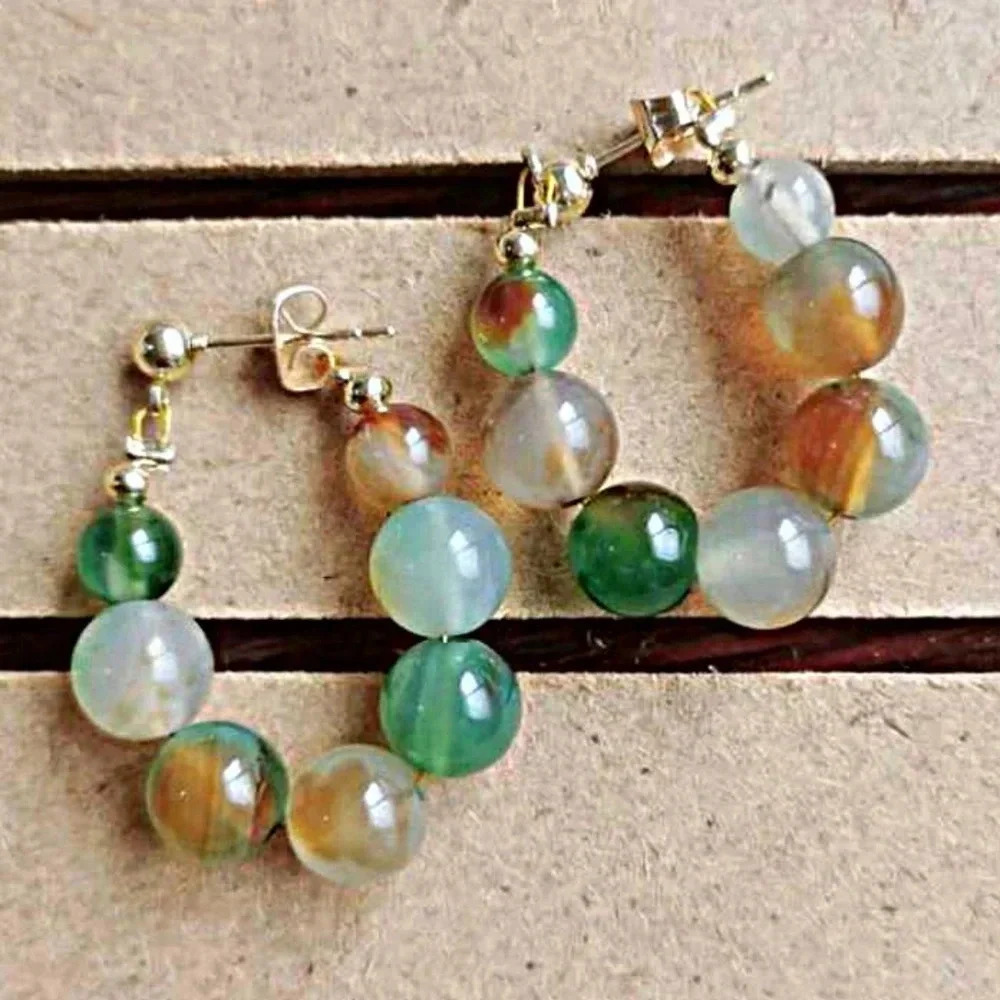 Faux Jade Beaded Hoop Post Earrings 2PCS NEW